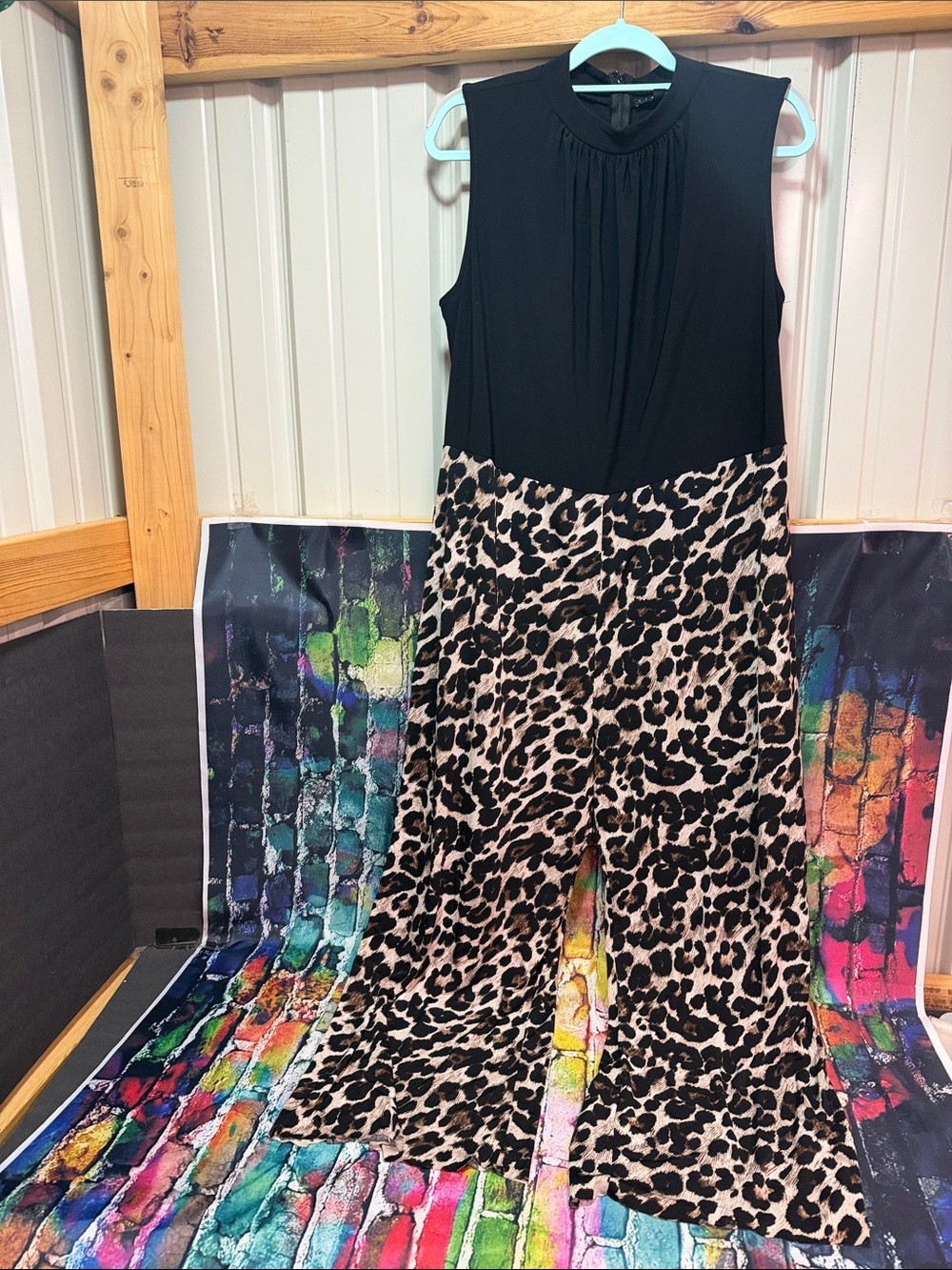 Tiana B. Black Top with Leopard-Print Wide-Leg Jumpsuit